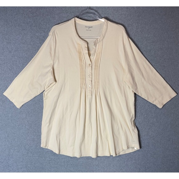Serengeti Tops - Serengeti Henley Shirt 3/4 Sleeve‎ Pleated Casual Top Beige Women's 2X